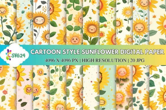 Download Cartoon Style Sunflower Digital Paper - Cartoon Collection